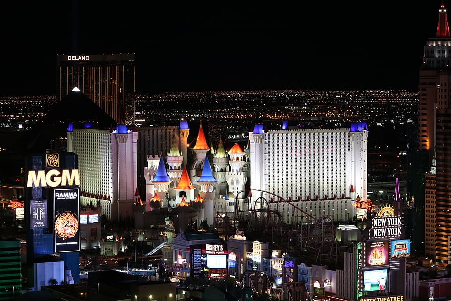 MGM Grand building at night, illuminated, architecture, city