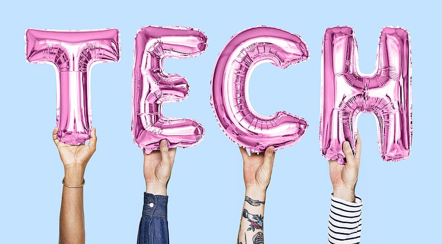 Tech Signage, alphabets, balloons, blue background, close-up HD wallpaper