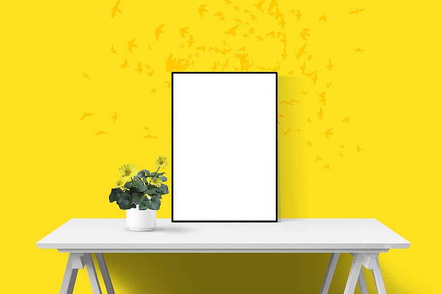 poster, frame, wall, desk, plant, yellow, table, vase, indoors, HD wallpaper