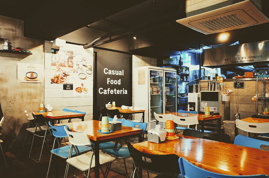 restaurant, store, cafeteria, table, chair, food, menu, board HD wallpaper