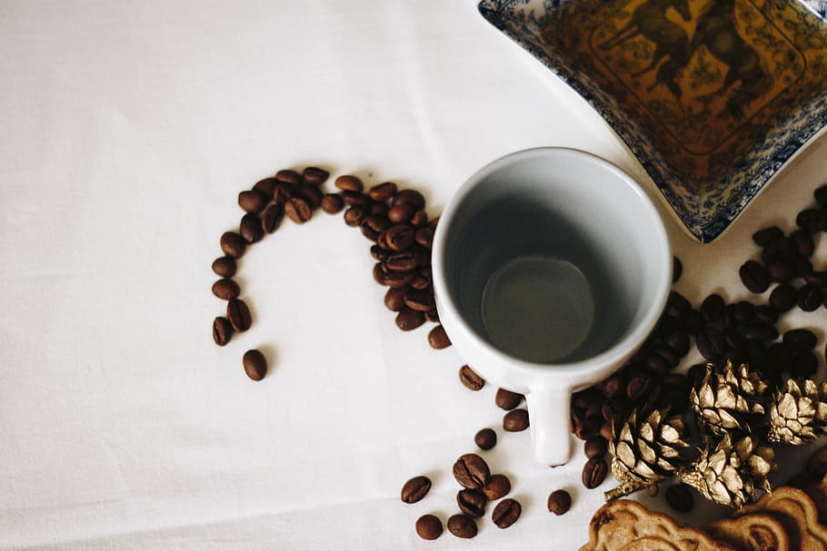 Brown Coffee Beans Near White Ceramic Mug, aromatic, blur, caffeine HD wallpaper