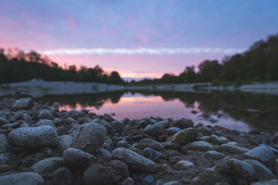 sunset, augsburg, germany, water, river, pebble, outdoors, nature HD wallpaper