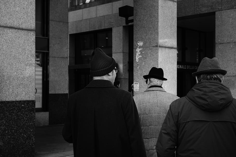 three men walking near pillars, clothing, apparel, hat, human, HD wallpaper