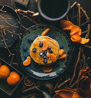 pancake, orange, fruit, blueberry, presentation, plate, dream catcher HD wallpaper