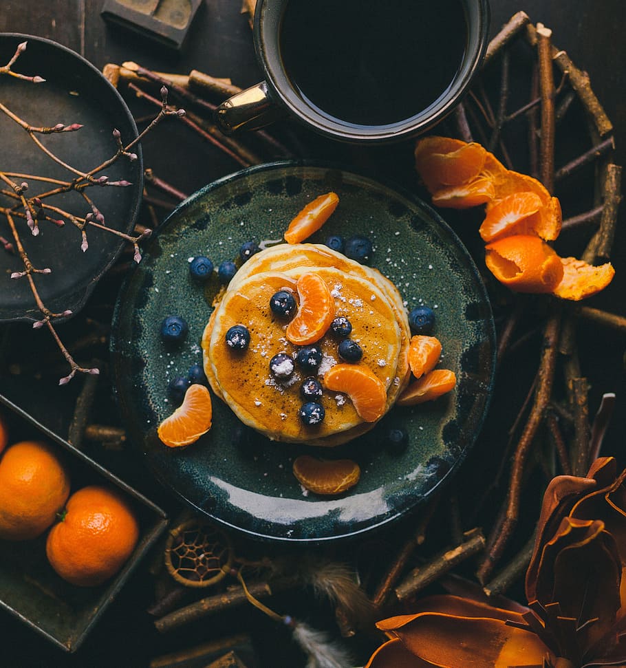 pancake, orange, fruit, blueberry, presentation, plate, dream catcher HD wallpaper