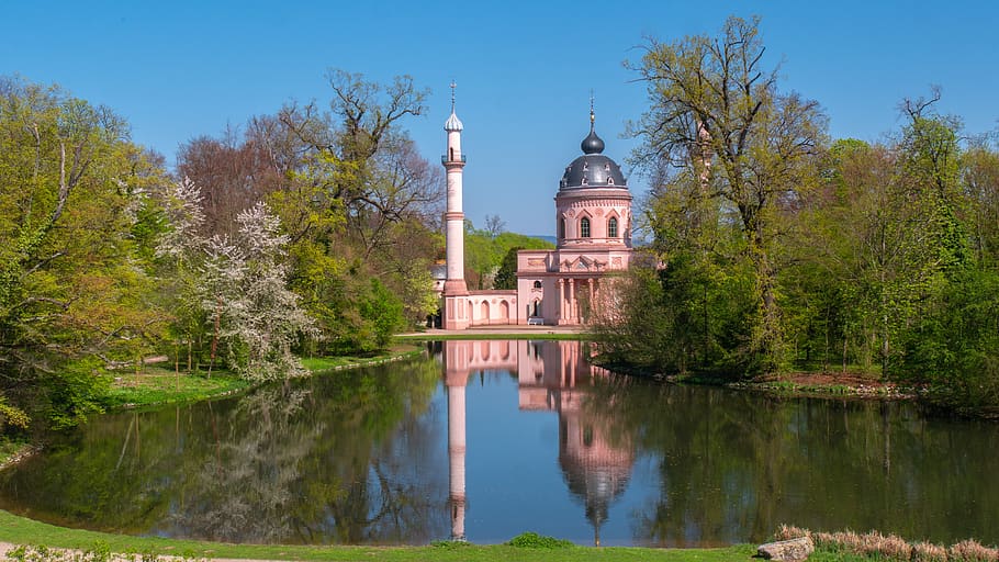 mosque, park, trees, mirroring, landscape, plant, water, built structure HD wallpaper
