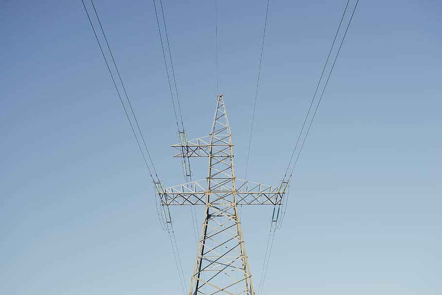 Electrical tower, blue, electical lines, electrical energy, electrical wires HD wallpaper