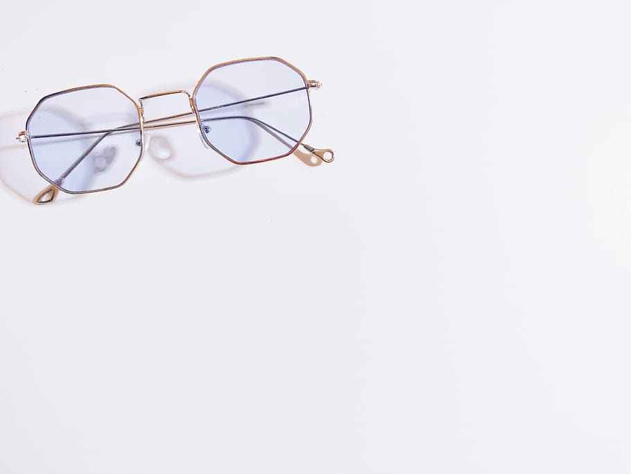 Gold Framed Eyeglasses on White Surface, art, design, eyesight