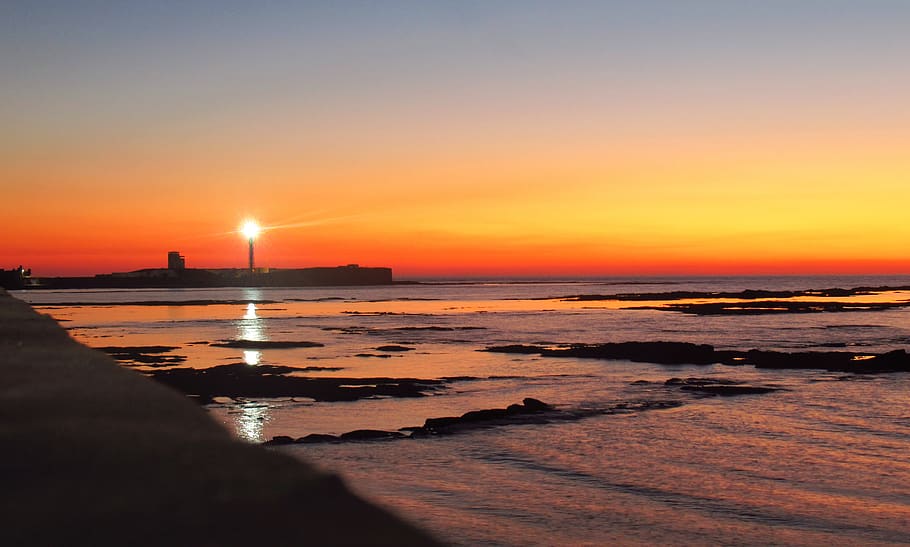 cadiz, sunset, beach, lighthouse, andalusia, water, tide, sky, HD wallpaper