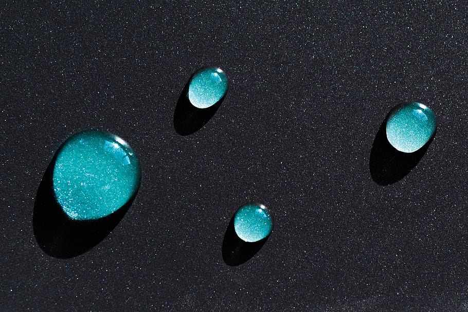 Four Water Droplets on Black Surface, astronomy, lights, round out HD wallpaper