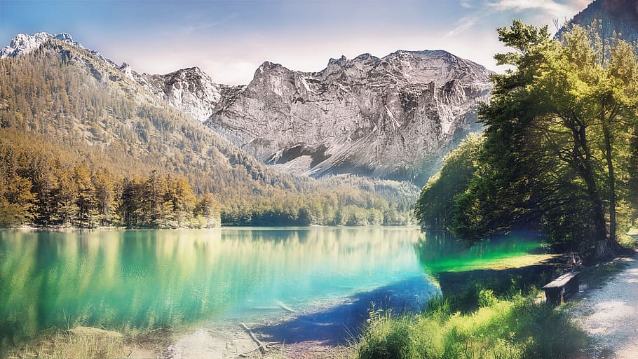 Landscape Photo of Calm Body Water Between Trees and Mountain, HD wallpaper