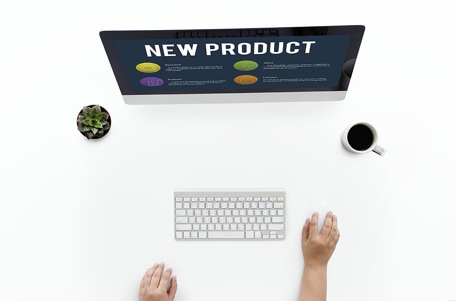 Flat Screen Computer Monitor Displaying New Product, coffee, coffee cup HD wallpaper