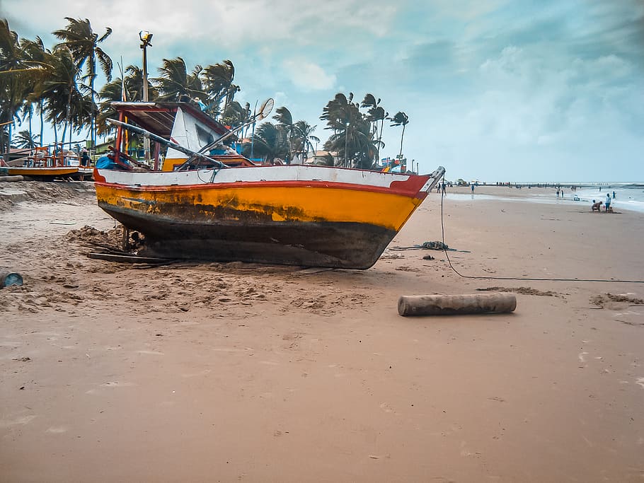 boat, ship, beack, sand, orange, nautical vessel, mode of transportation HD wallpaper