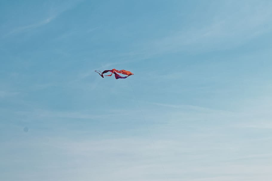 germany, sylt, dragon, blue, sky, orange, cyan, cloth, low angle view HD wallpaper