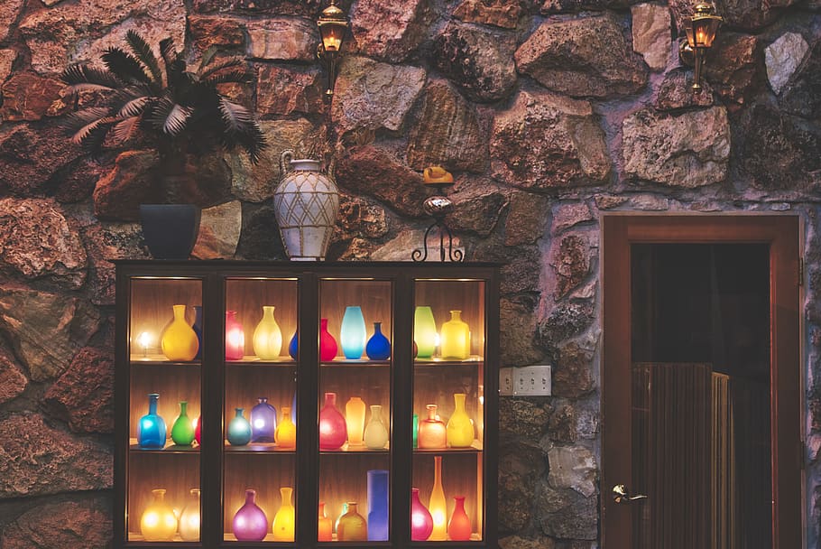 assorted-color light vase decors, door, shop, window display, HD wallpaper