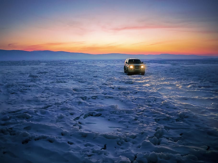 car on snow pavement, sunset, sky, sunrise, jeep, 4x4, offroad, HD wallpaper