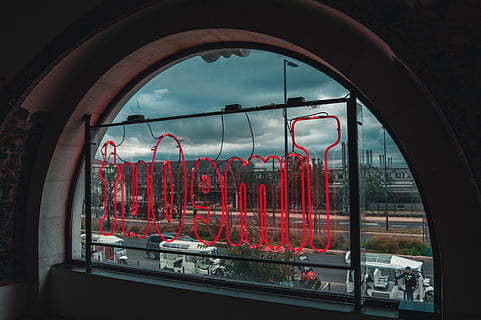red neon signage placed on window panel, vehicle, train, transportation HD wallpaper