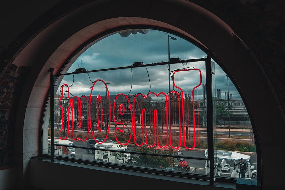 red neon signage placed on window panel, vehicle, train, transportation HD wallpaper