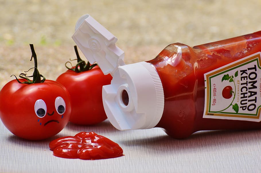 2 Tomatoes Beside Tomato Ketchup Ketchup, sauce, red, close-up HD wallpaper