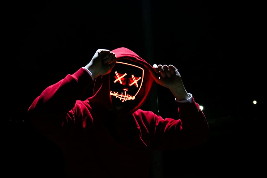 Person Wearing Red Hoodie, black background, costume, dark, eerie