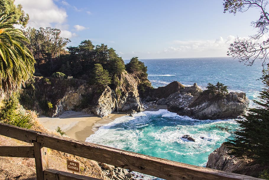 tree, cove, ocean, waterfall, sea, sky, scenics - nature, beauty in nature HD wallpaper