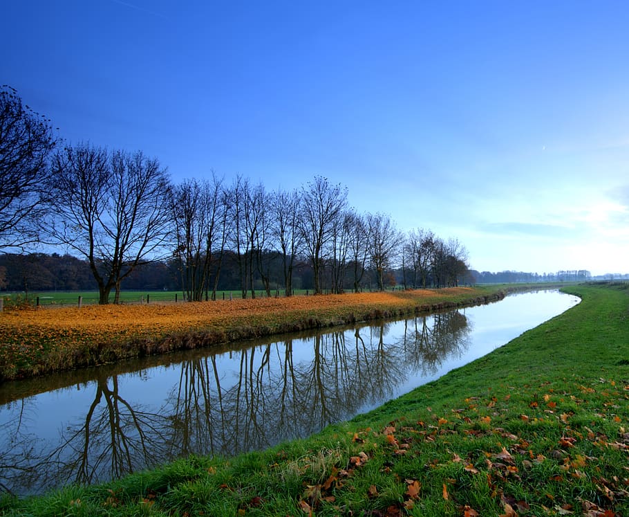 landscape, dike, water, sky, evening, dusk, river, plant, tranquility HD wallpaper