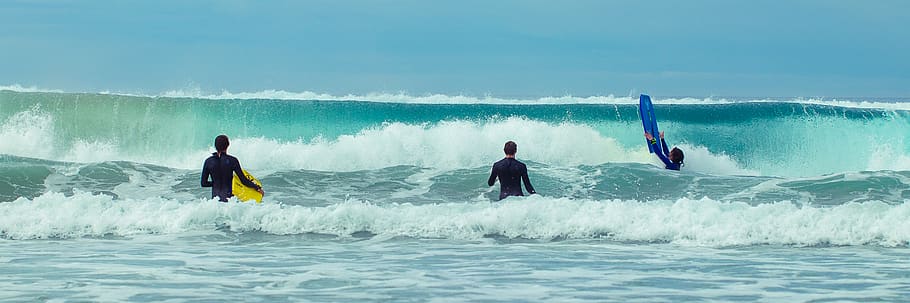people riding on surfboard, sea, water, nature, ocean, outdoors HD wallpaper