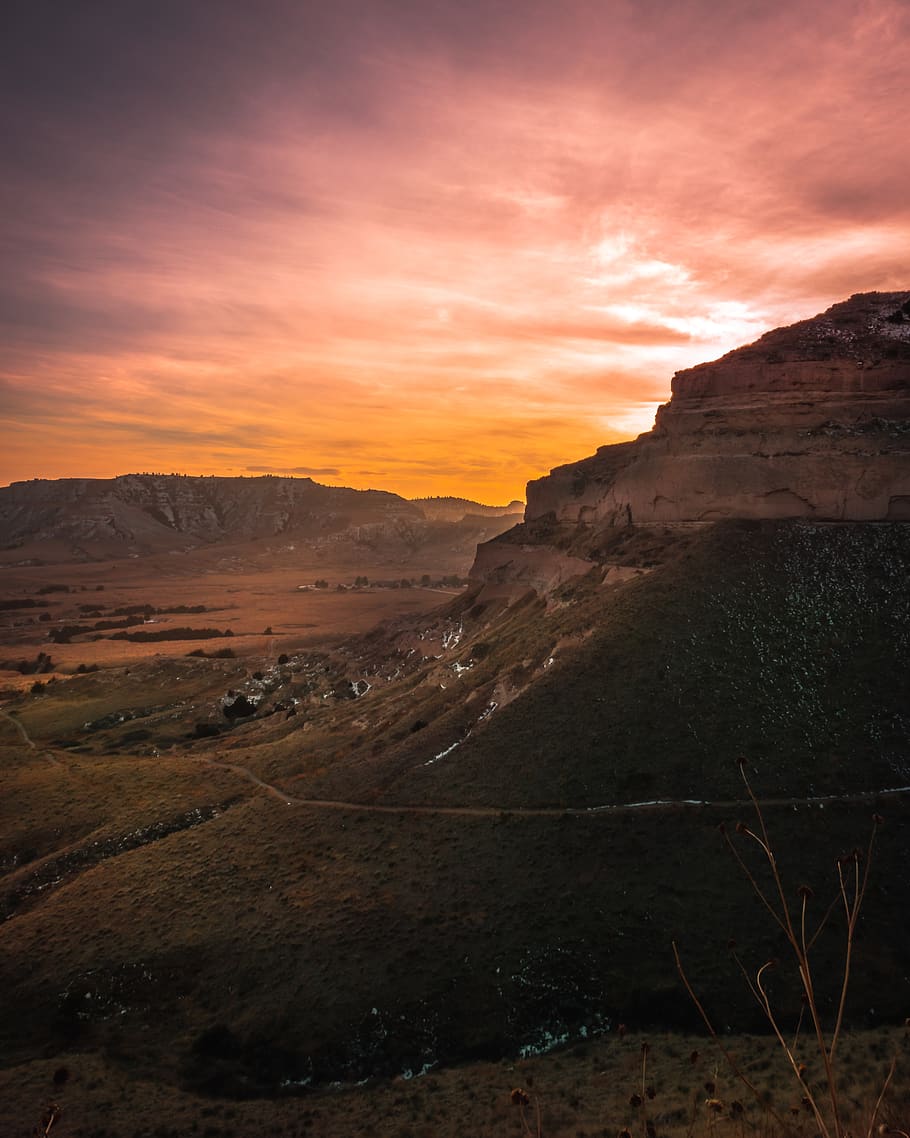 mountain at daytime, nature, outdoors, sunset, plateau, mesa HD wallpaper