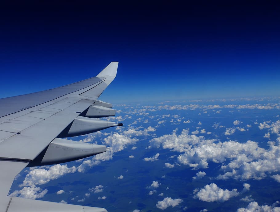 blue, dark blue, wing, blue sky, plane, clouds, altitude, high HD wallpaper