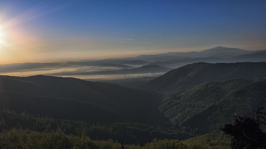 sunrise, mountains, sky, forest, clouds, trees, lake, scenics - nature HD wallpaper