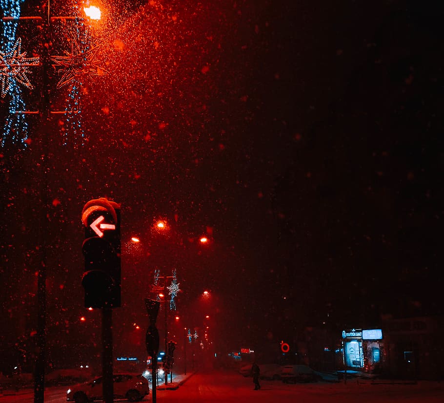 street, erzurum, urban, traffic, red, blue, winter, xmas, snow, HD wallpaper