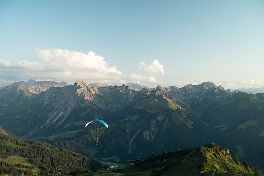austria, mountains, vacations, parachute, paragliding, paraglider HD wallpaper
