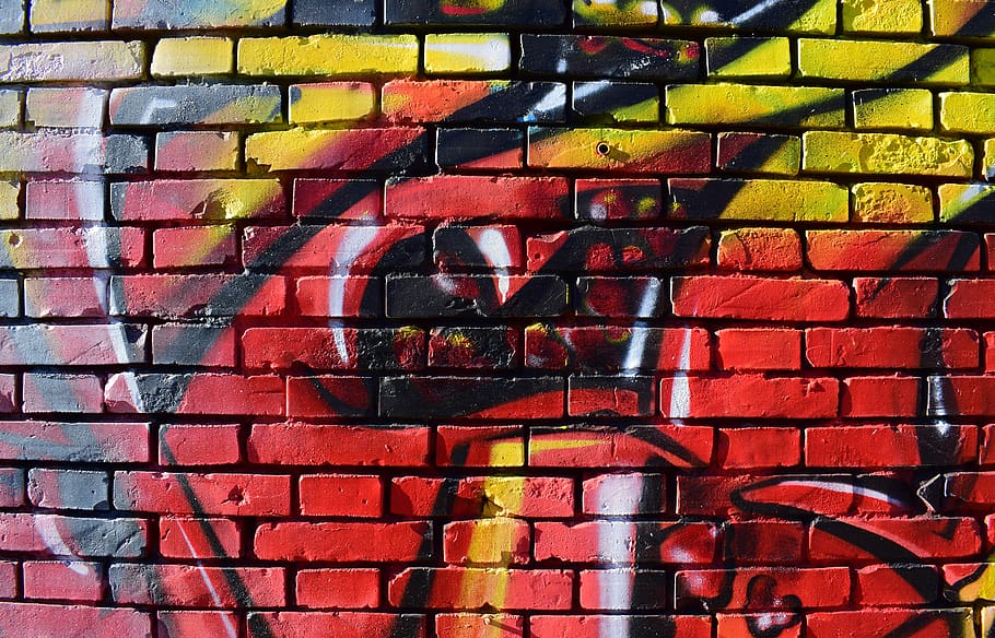 wall, colors, street art, graffiti, red, red rock, yellow, brick, HD wallpaper