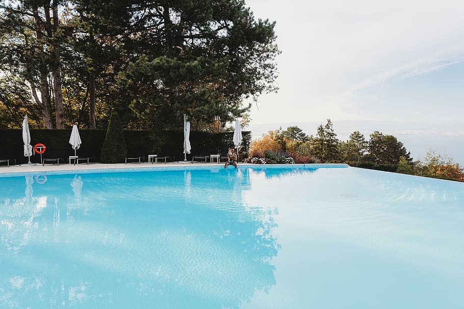 blue pool, resort, hotel, building, water, france, evian-les-bains HD wallpaper
