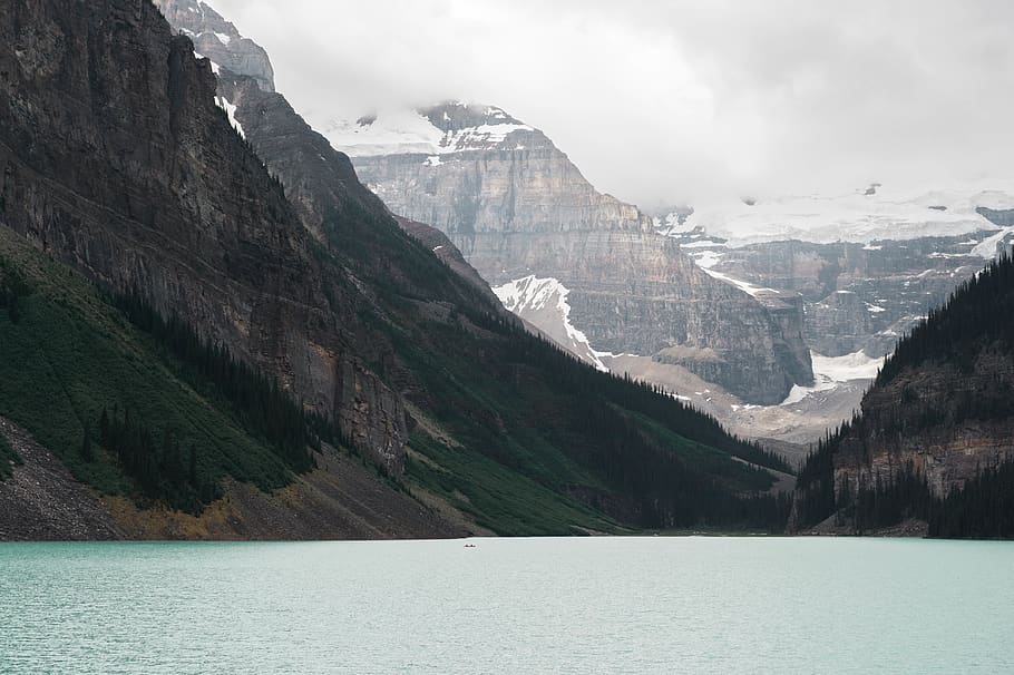 canada, lake louise, snow, canoe, kayak, adventure, glacier, HD wallpaper