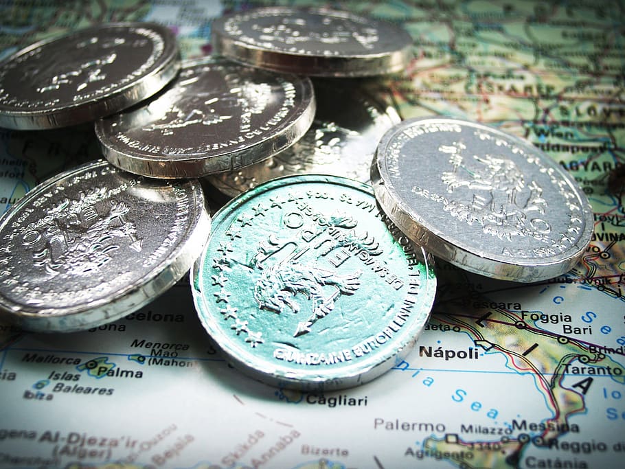 Euro Coins on Map, change, close-up, money, finance, wealth, currency HD wallpaper