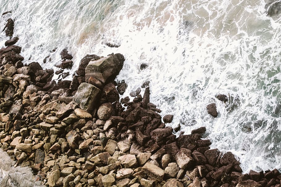 Brown Rocks On Shore, beach, flow, ocean, sea, seascape, seashore HD wallpaper