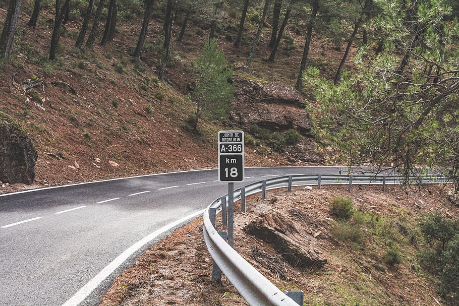 road, km, 18, nature, mountain, trees, highway, line, asphalt HD wallpaper