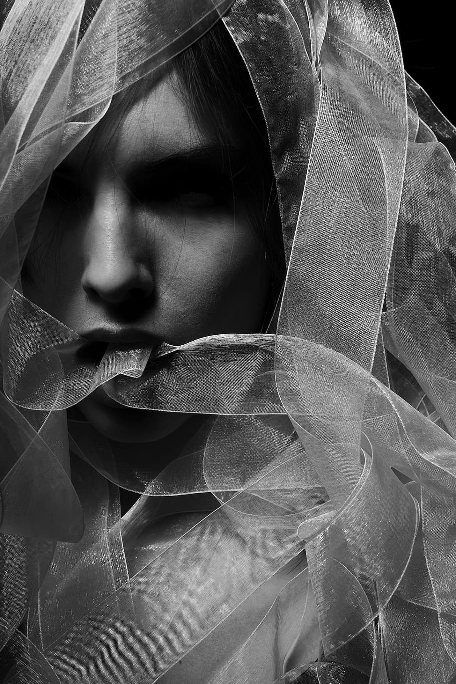 Grayscale Photography of Woman Wearing Veil, black and white