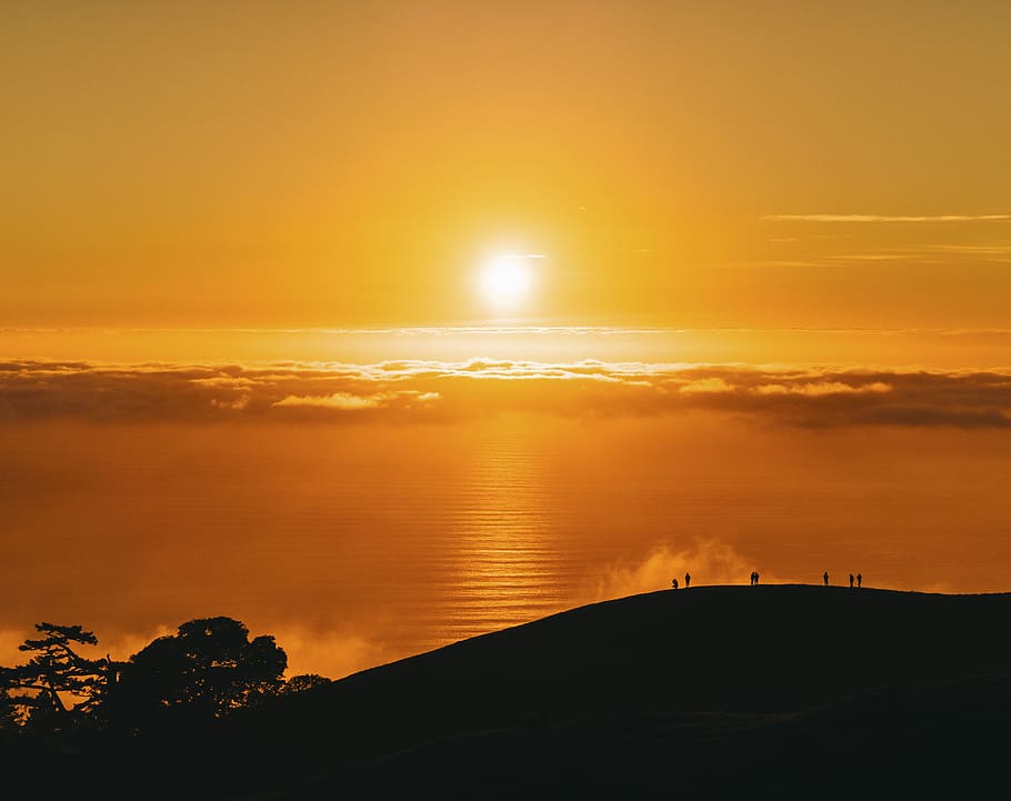 sun, clouds, sky, mountain, trees, people, silhouette, shadow HD wallpaper