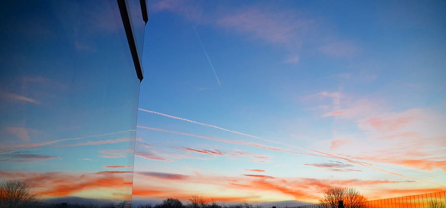 sunset, clouds, reflection, sky, cloud - sky, vapor trail, low angle view HD wallpaper