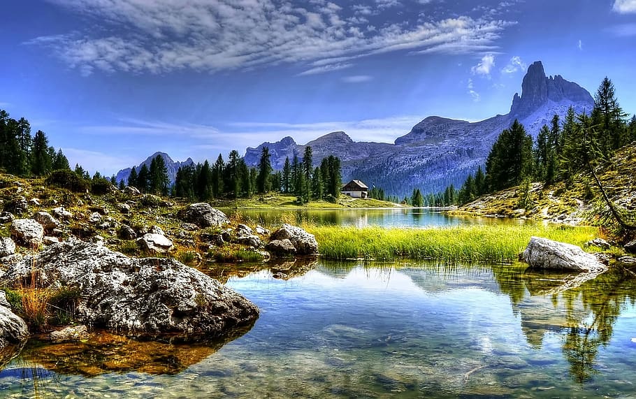 Body of Water and Rocks, clouds, country, daylight, grass, landscape HD wallpaper