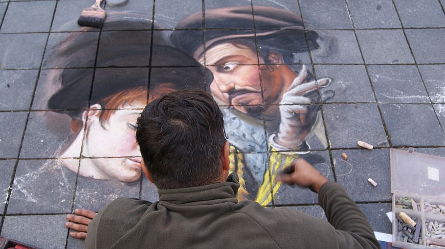artist, pavement, painter, sidewalk, artistic, city, colorful, HD wallpaper