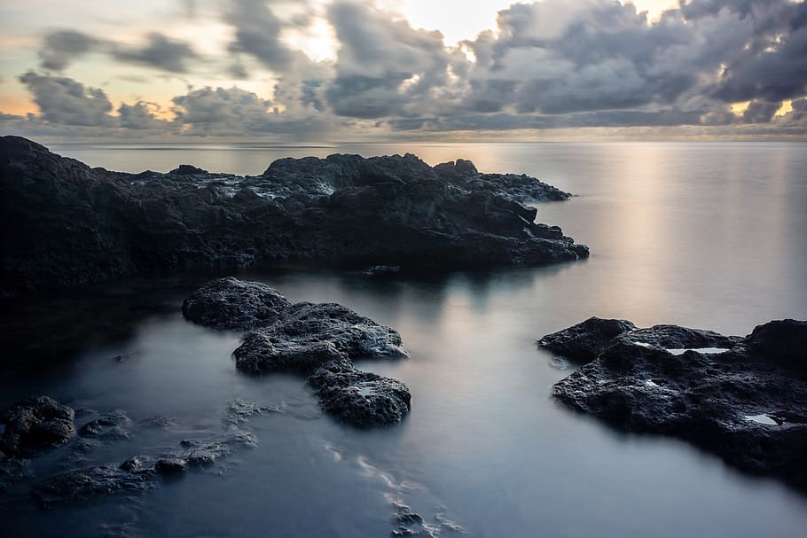 samoa, rock, cloud, sky, sunrise, ocean, pacific, quiet, nature, HD wallpaper
