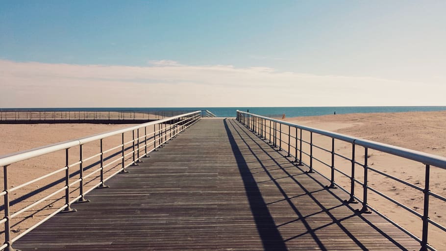 blue, sky, clouds, sunny, summer, beach, sand, wood, planks HD wallpaper