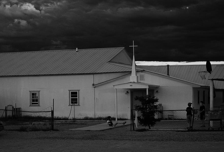 church, black and white, cross, desert, dark, clouds, steeple, HD wallpaper