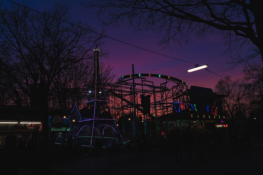 amusement park, theme park, roller coaster, lighting, ferris wheel HD wallpaper