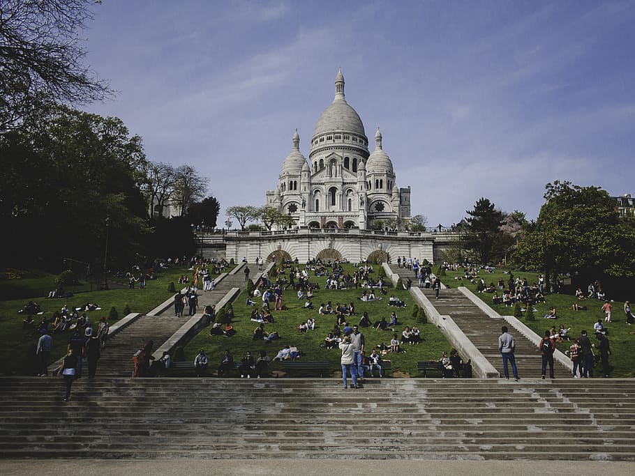 france, paris, sacré-cœur, montmartre, church, garden, basilique du sacré cœur de montmartre, HD wallpaper