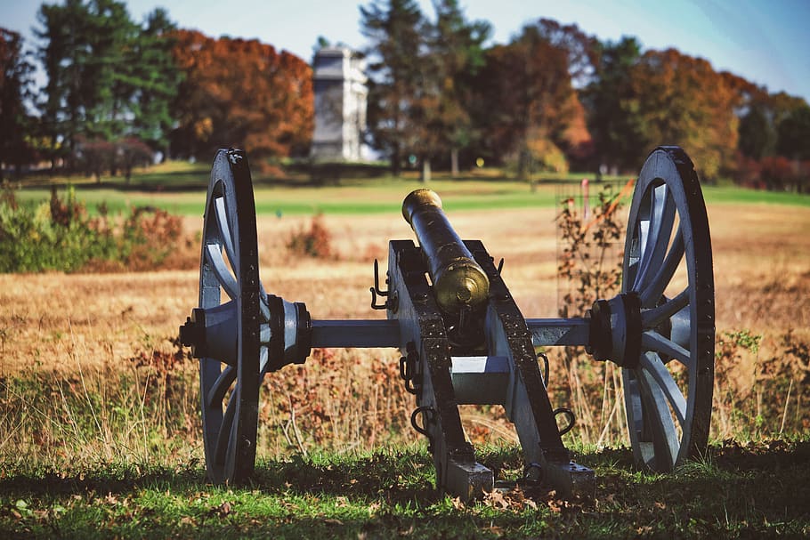 canon, park, fall, trees, plant, metal, field, land, nature HD wallpaper