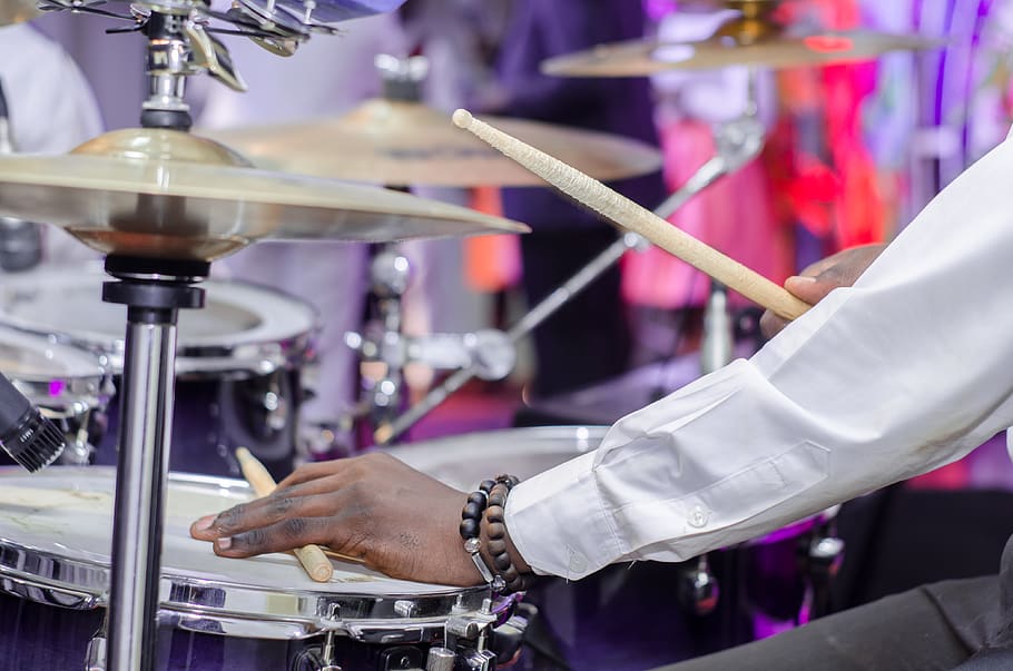 man playing drum set, human hand, occupation, real people, focus on foreground HD wallpaper